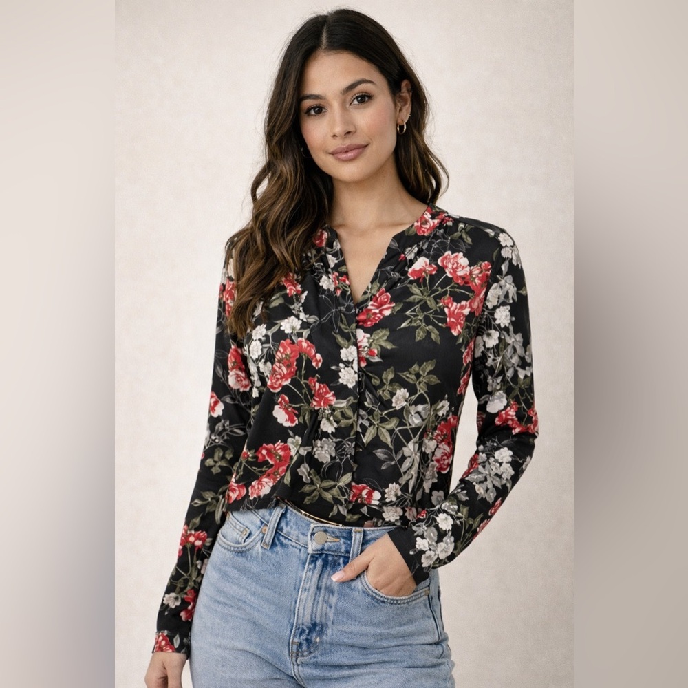 Banana Republic Black Floral Long Sleeve Top
